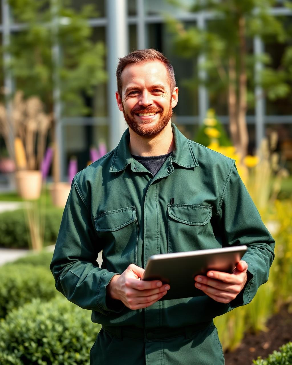 GaLaBau-Unternehmer mit Tablet im Garten